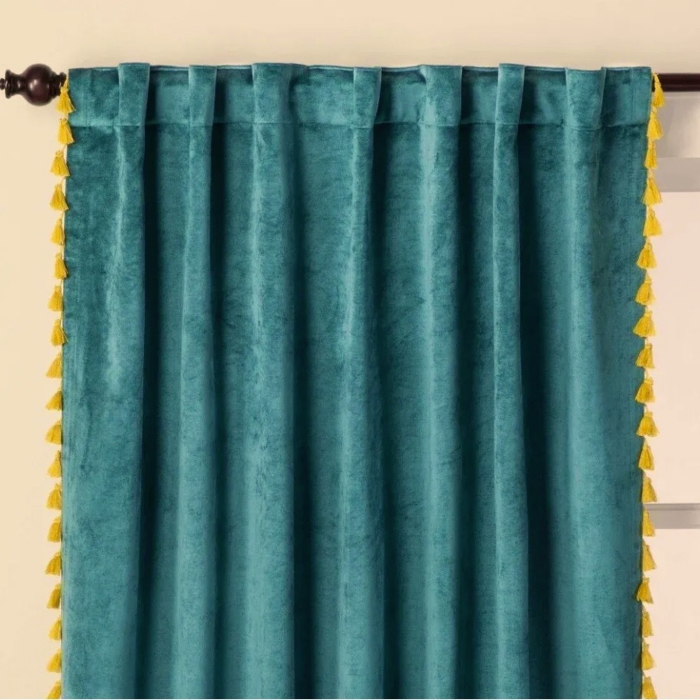 Velvet Teal light filtering drapes with tassels
